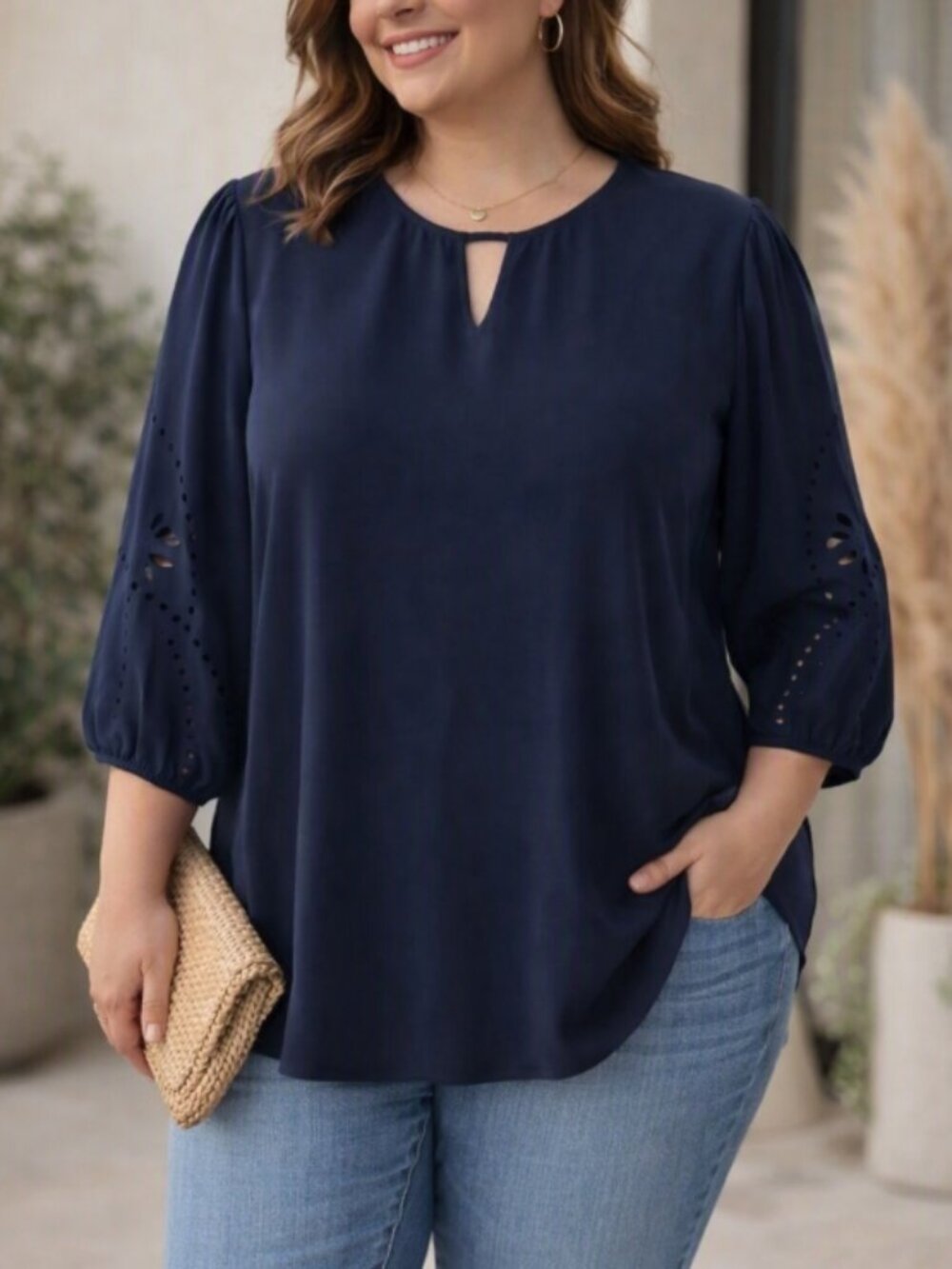 41 Hawthorn Eyelet Sleeve Navy Top Blouse XL Boho Chic Office Casual Elevated